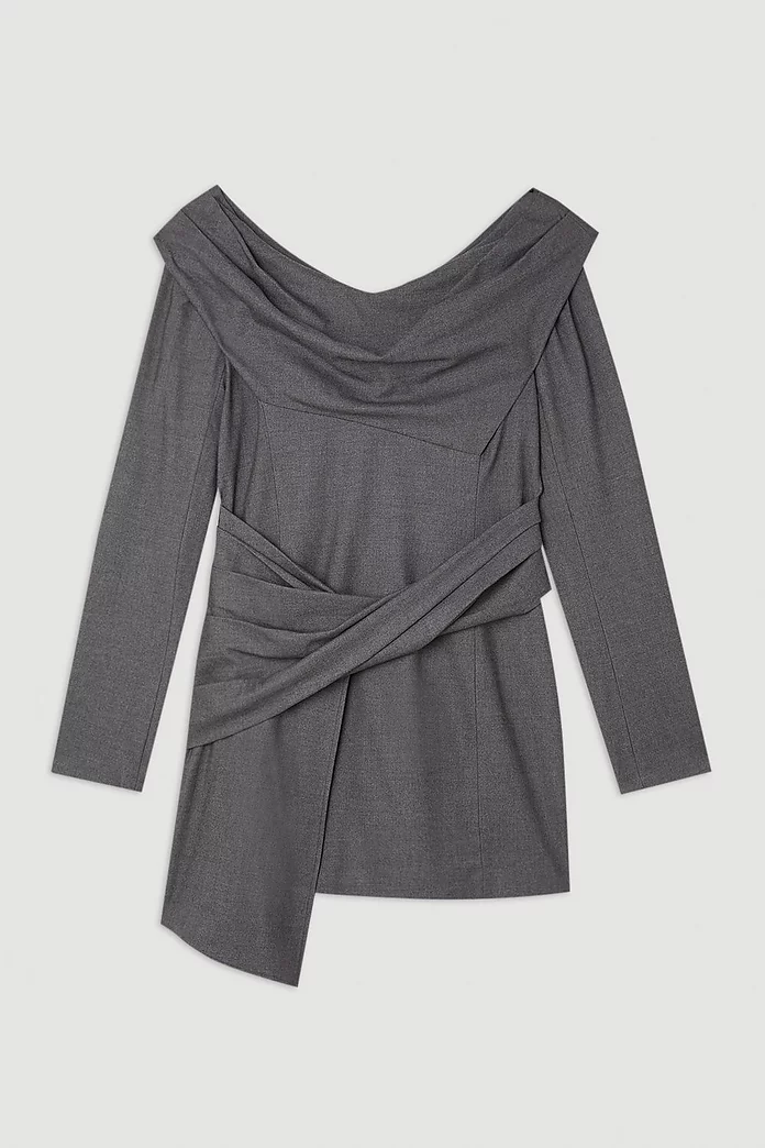 Grey Marl Woven Wool Mix Off The Shoulder Mini Dress | Karen Grey Marl Woven Wool Mix Off The Shoulder Mini Dress | Karen